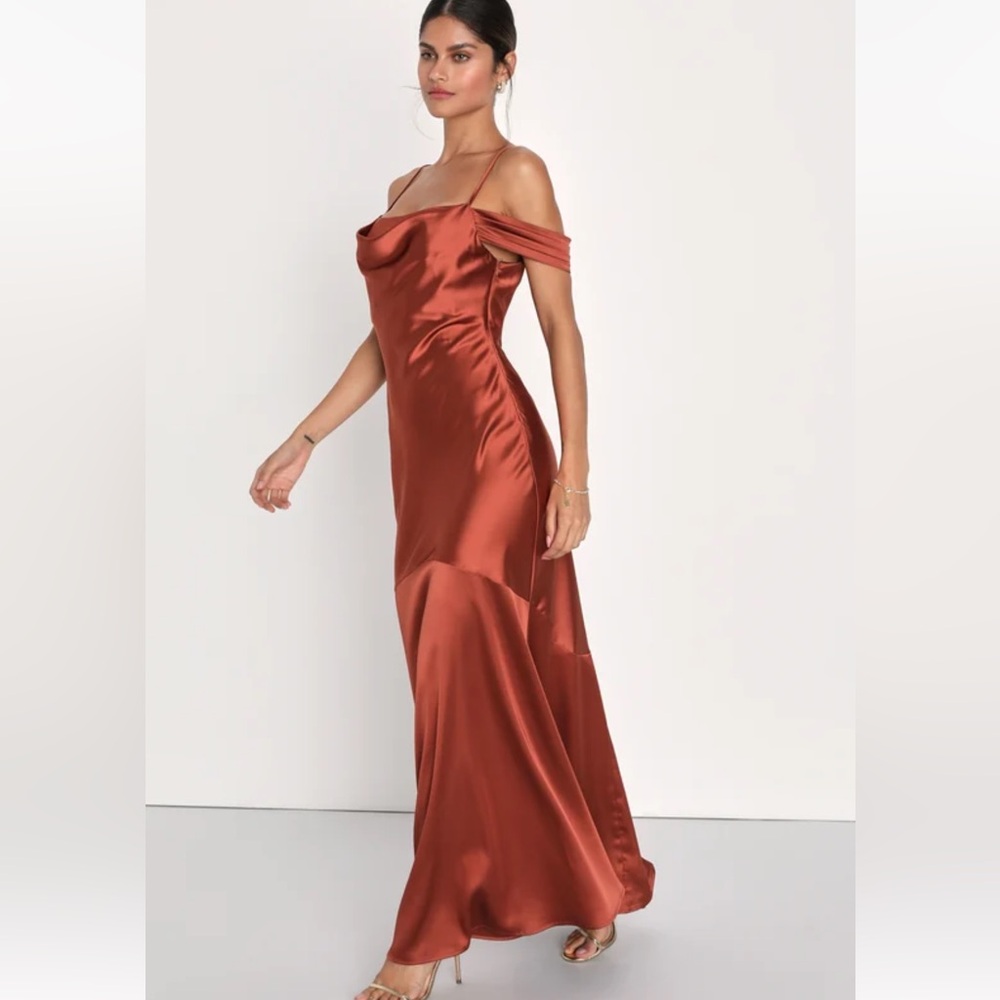 Lulu’s Regal Essence Rust Satin Cowl Neck Cold-Shoulder Maxi Dress